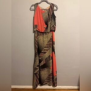 Taylor Coral Pink and Navy Blue Abstract Patterned Maxi Dress size 2